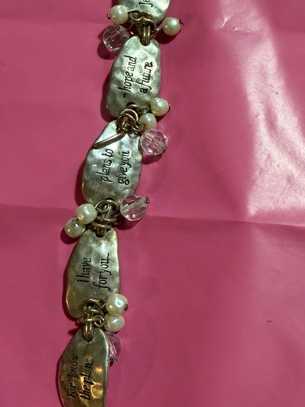 Silver Sentiment Charm Bracelet with Pearls and Pink Beads